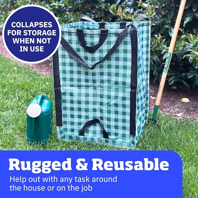 DURASACK Heavy Duty Home and Yard Bags 48-Gallon Reusable Self-Standing Lawn and Leaf Bags Garbage Can with Reinforced Handles, Gingham Green, 3 Pack-DeskLoop Office