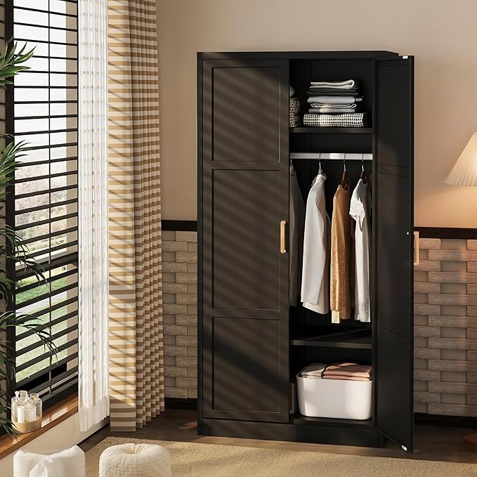INTERGREAT Metal Storage Cabinet with Hanging Rail, Black Armoire Wardrobe Closet with 2 Doors,72" H Storage Closet Cabinets with Adjustable Shelves and Removable Hanging Rods-DeskLoop Office