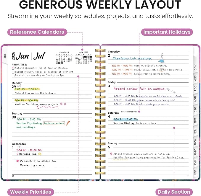 Planner 2026–2027, Academic Monthly Weekly Spiral Calendar, July 2026 – June - Image 3