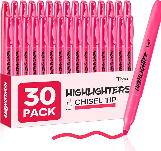 Taja 30 Pack Highlighters Neon Red, Chisel Tip Markers by Taja