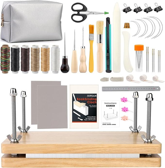 45 Pcs Book Binding Kits Bookbinding Kit Book Press 7.9”x11.6” with Book Binding Materials Bone Folder Tool Binding Cloth Webbing Strap and Storage Bag for Binding and Repair-DeskLoop Office