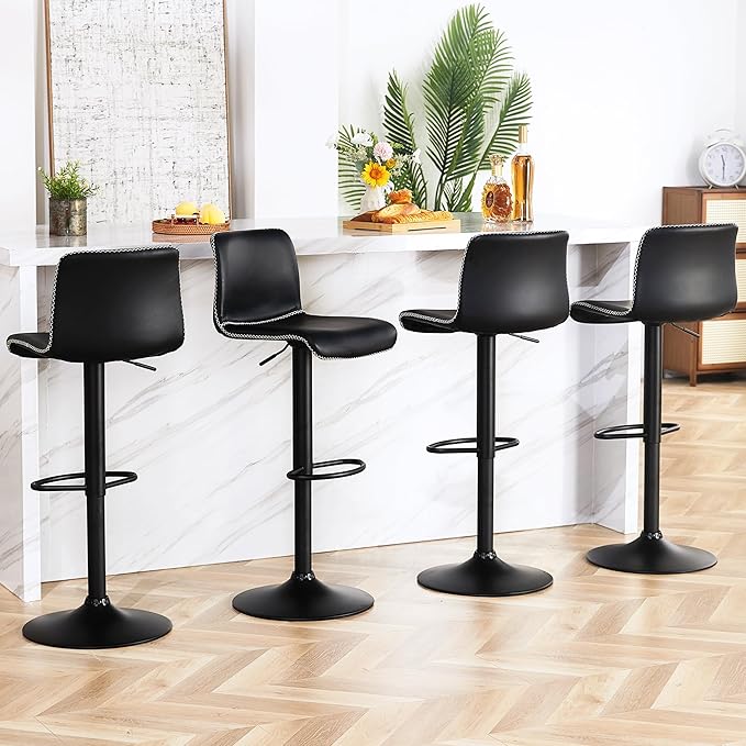 HeuGah Swivel Bar Stools Set of 4, Counter Height Bar Stools with Back, Adjustable Bar Stools 24" to 32", Black Faux Leather Bar Chairs for Kitchen Island (Black, Set of 4 (24'' to 32''))-DeskLoop Office