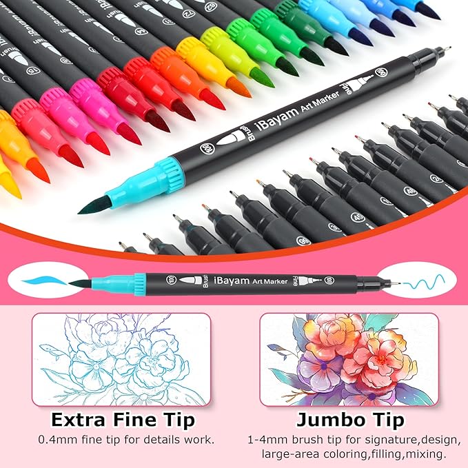 iBayam Dual Brush Marker Pens, 36 Colors Fine Tip Markers, Double Tip Brush Pens for Adult, Coloring Marker for Coloring Book, Cute School Supplies, Arts and Crafts Office Desk Supplies-DeskLoop Office