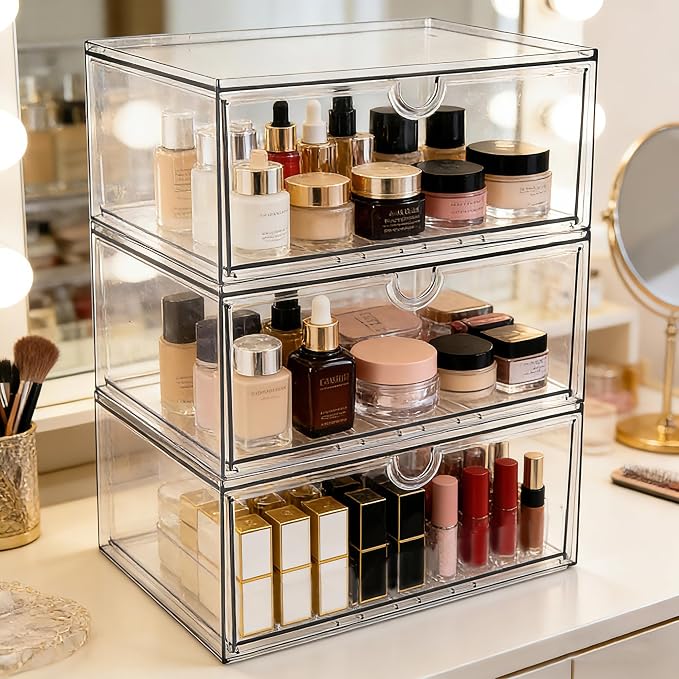 Prsildan Acrylic Makeup Organizer, 3 Pack Stackable Clear Storage Drawers - Image 2