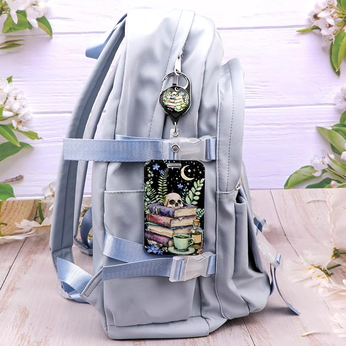 Cool Black Skull & Books Teachers ID Badge Holder Goth Witchy Keychain - Image 7