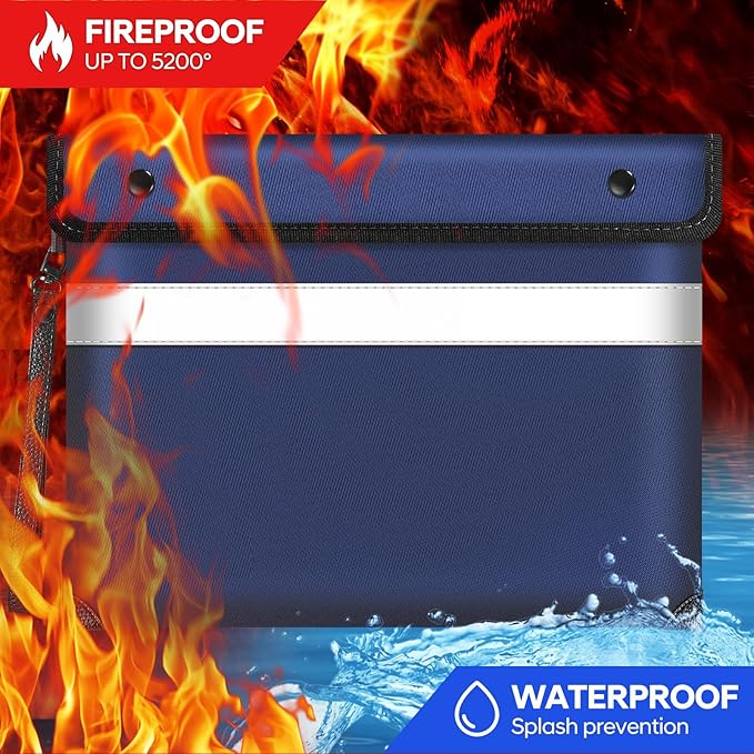 Fireproof Money Bag for Cash 11"x7.7",Upgraded 5200℉ Insulated Water Fire Proof Pouch with Water-resistant Zipper,Fireproof Envelopes for Important Documents,Valuables (Blue)-DeskLoop Office