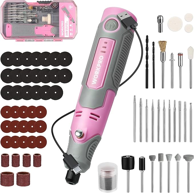 WORKPRO Cordless Rotary Tool Kit with 71pcs Accessories, 3 Variable Speeds, USB Rechargeable Mini Rotary Tool for Engraving, Sanding, Polishing, Carving, Cutting, DIY Crafts - Pink Ribbon-DeskLoop Office