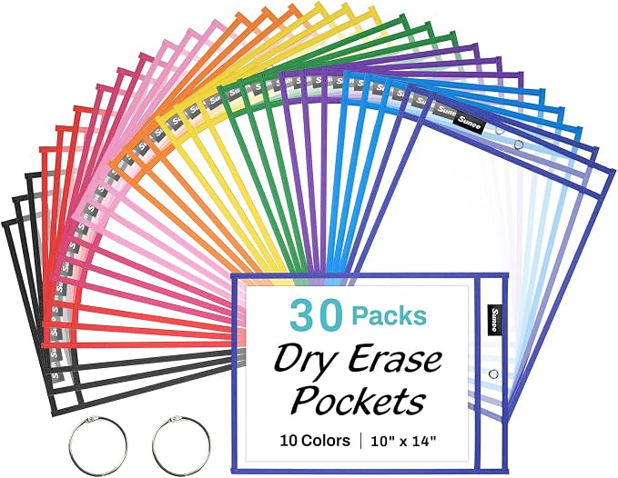 SUNEE 30 Packs Oversized Reusable Dry Erase Pocket Sleeves by SUNEE