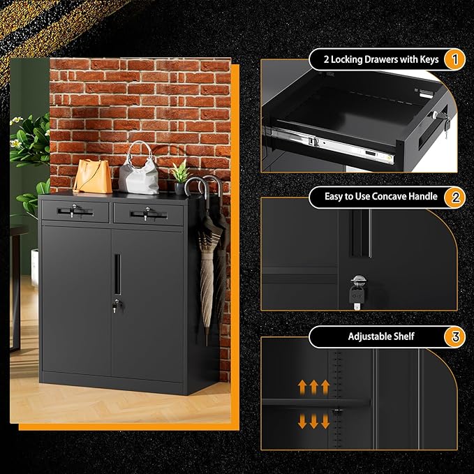 Greenvelly Metal Storage Cabinet with Drawers, 36' Black Steel Garage & Office Storage with Doors and Adjustable Shelves, Locking Metal Tool Cabinet-DeskLoop Office