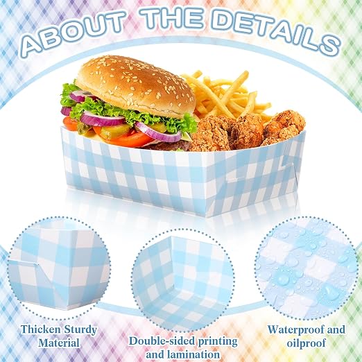 Suclain 48 Pack Light Blue and White Gingham Paper Trays 5 lb Grease Resistant - Image 4