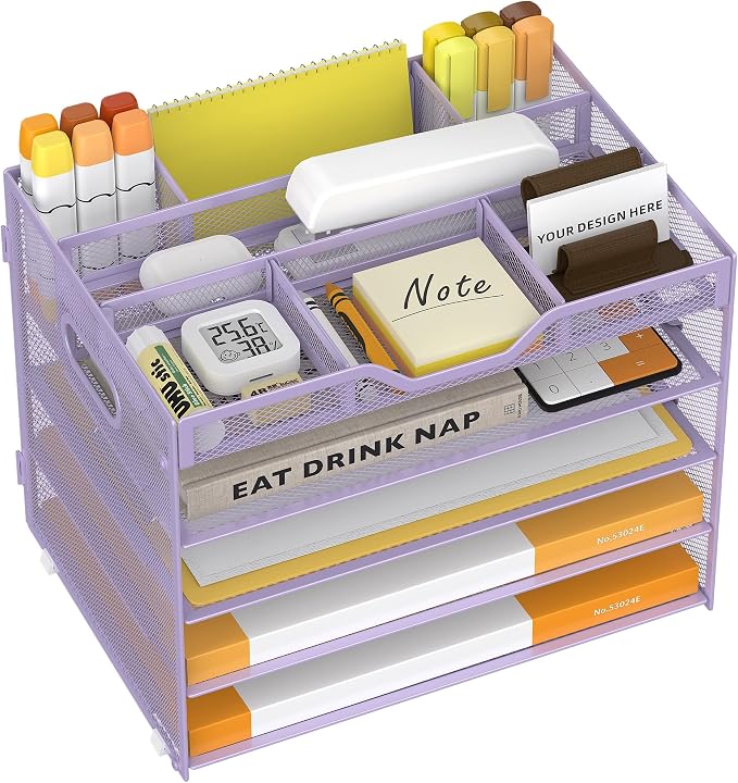 5 Tier Paper Letter Tray with 3 Drop-in Pen Holders, Mesh Desk File Organizer by OrgMate