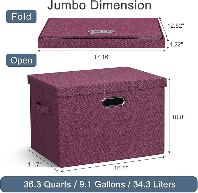 Large 17" 36 Quart Collapsible Stackable Storage Bins with Lids, 3 Packs Purple Linen Fabric Closet Boxes with Lids, Storage Cube Baskets Container Organizers for Bedroom Office (17x12x11)-DeskLoop Office