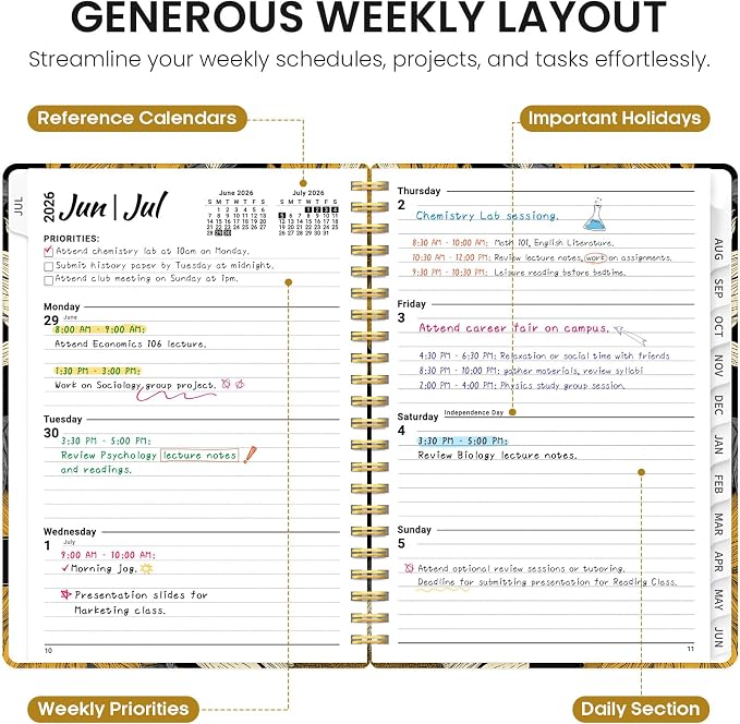 Planner 2026–2027, Academic Monthly Weekly Spiral Calendar, July 2026 – June - Image 3