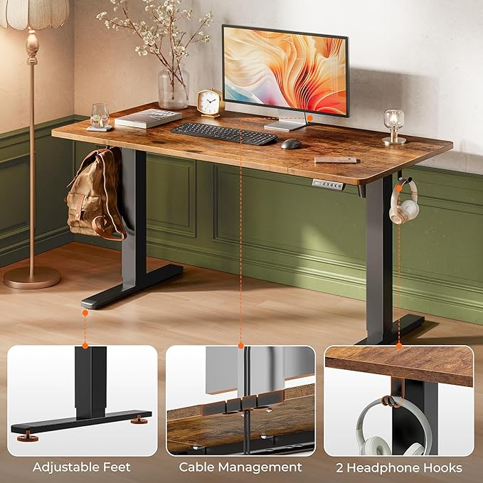 Huuger 55 x 28 Large Electric Standing Desk, Height Adjustable Computer Desk, 27.6" Deep Desktop, Stand up Gaming Office Desk with 2 Hooks, 3 Preset Heights, for Home Office, Rustic Brown-DeskLoop Office