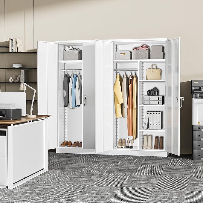 INTERGREAT Metal Storage Cabinet,Armoire Wardrobe Closet with 4 Adjustable Shelves and Hanging Rod,Metal Wardrobe Cabinet with Lockable Doors for Home Office,Warehouse,Garage,White-DeskLoop Office