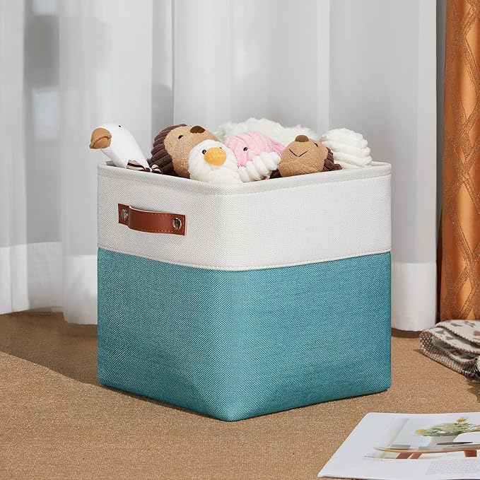 DULLEMELO Foldable Storage Cubes 11 x 11 Organizer Bins,Canvas Storage Bins Empty Gift Baskets for Organizing with SturdyLeather Handles, Closet Baskets for Nursery Storage(4 Pack - 11" White&Teal)-DeskLoop Office