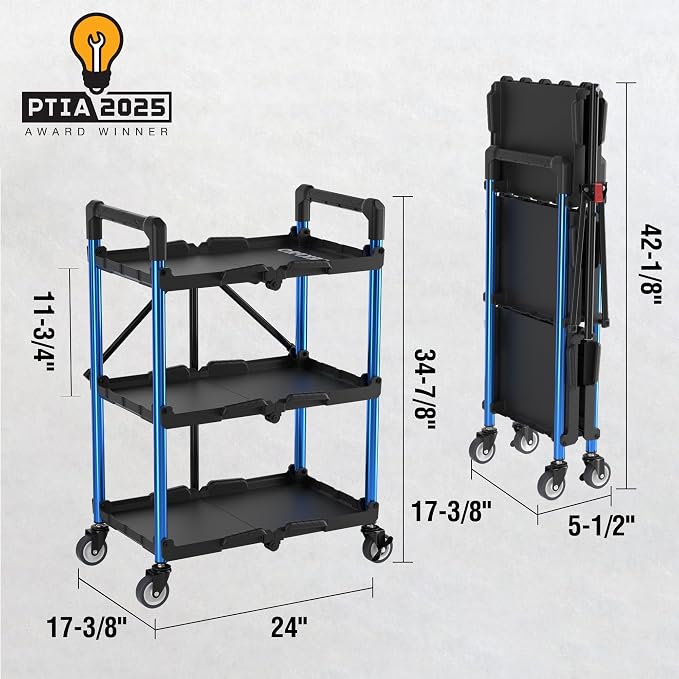 WORKPRO 3-Tier Collapsible Service Cart, 210 LBS Foldable Utility Cart - Image 3