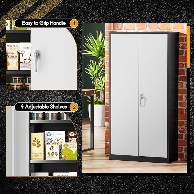 Greenvelly Metal Garage Storage Cabinet with Lock, 72”Metal Storage Cabinet with 2 Doors and 4 Adjustable Shelves, Steel Tool Cabinet for Garage,Home Office, School,Gym (Black Grey)-DeskLoop Office