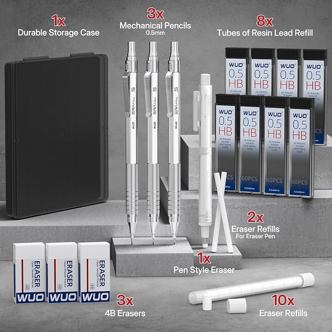 WUO 0.5mm Mechanical Pencil Set, 3 Silver Metal Drafting Pencils - Image 7