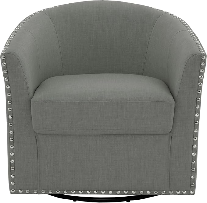 UIXE 360° Swivel Barrel Accent Chair, Modern Upholstered Arm Chair Round Club Armchair, Nailhead Trim Single Sofa Seating in Fabric for Living Room - Light Gray-DeskLoop Office