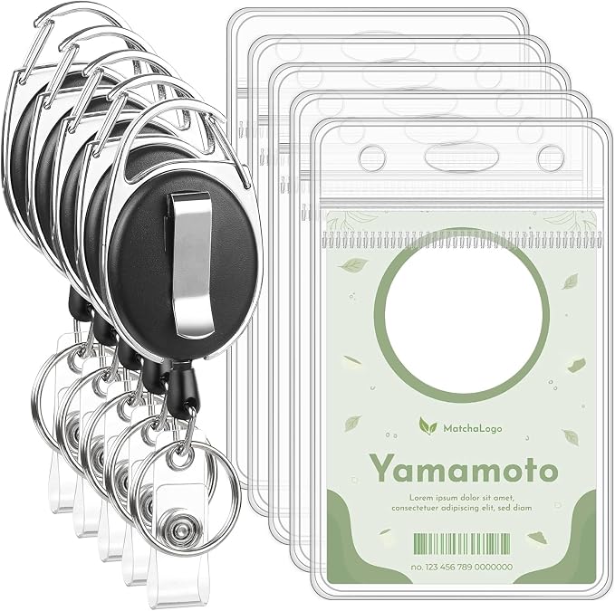 5 Pack ID Badge Holder with Badge Reels Retractable Clip Heavy Duty Vertical by BESARME