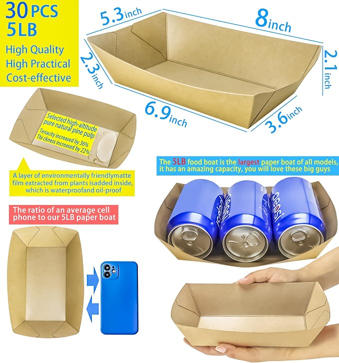 30 Pack 5LB Extra Large Paper Food Trays, Disposable Grease Resistant Paper - Image 2