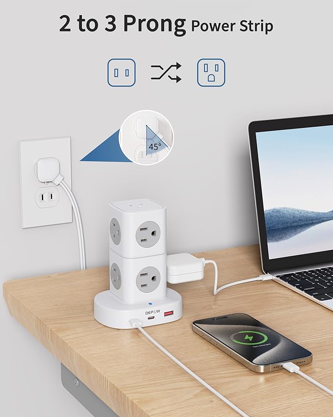 2 Prong Power Strip, 2 to 3 Prong Outlet Adapter with 9 Outlets 3 USB Ports (2 USB C), 1700J Two Prong Surge Protector, 5FT Power Strip Tower, Wall Mount for Old House Non-Grounded Outlets-DeskLoop Office