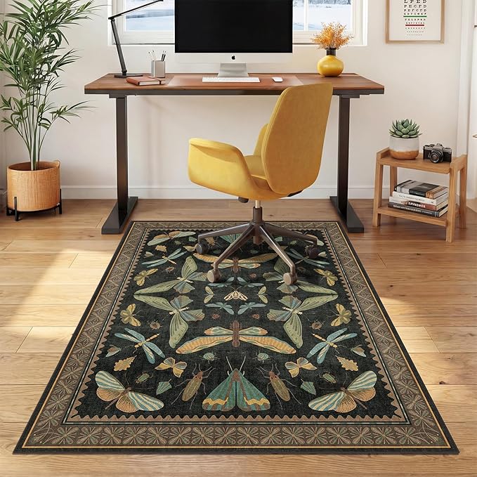 3'x4' Black Office Chair Mat for Hardwood Floors, Insect Boho Design, Non-Slip by JTJ