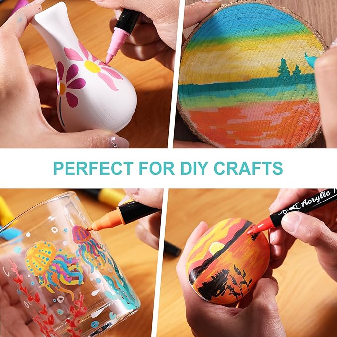 12 Colors Acrylic Paint Markers, Waterproof Dual Tip Acrylic Paint Pens with Brush and Fine Tip, Markers Set for Paper, Rock, Wood, Canvas, Glass, Ceramic and DIY Crafts Making Art Supplies-DeskLoop Office