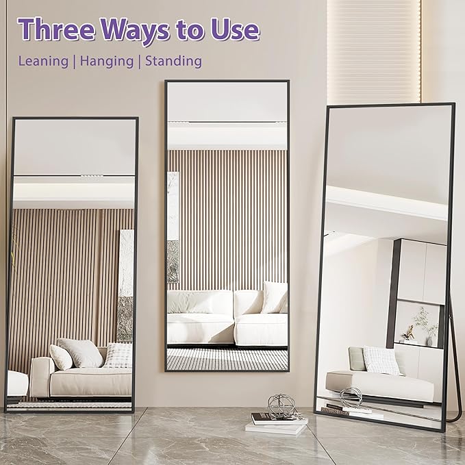 Full Length Mirror, 71"x26" Oversized Floor Mirror Freestanding, Full Body Mirror Floor Standing Mirrors with Stand, Hanging Mounted Mirrors for Bedroom Living Room, Black, Rect Style-DeskLoop Office