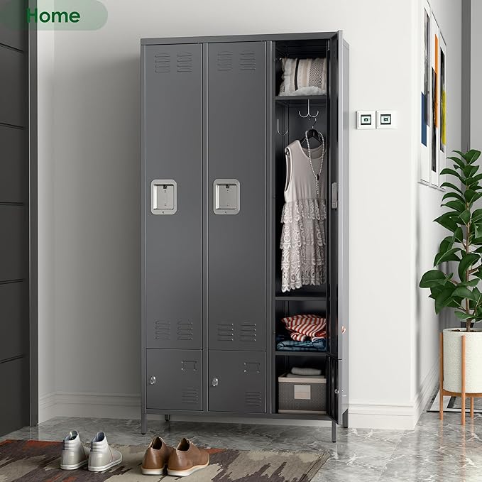 Metal Storage Locker with 3 Big Doors & 3 Small Doors, Lockers for Employees with Hooks for School Garage Office Gym Bedroom,Assembly Required,Dark Grey-DeskLoop Office