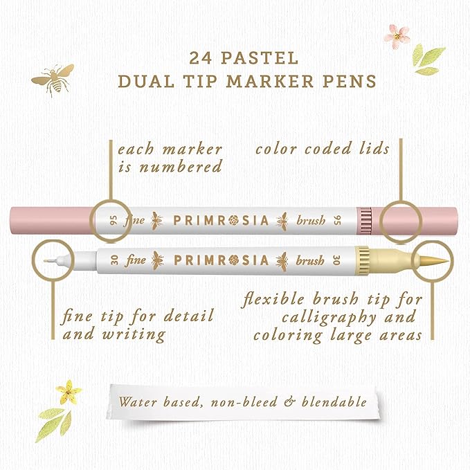 Primrosia 24 Pastel Dual Tip Markers, Fine Tip and Brush Pens. Perfect for art, illustration, drawing, calligraphy and bullet journals-DeskLoop Office