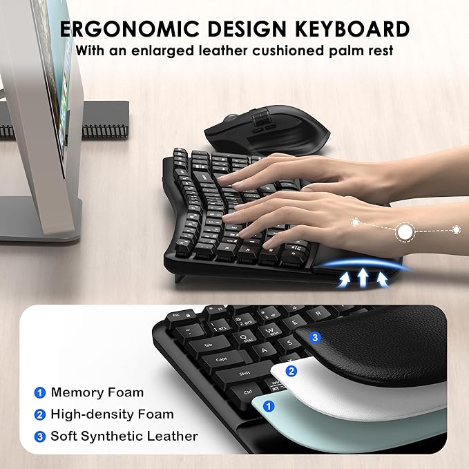 Ergonomic Keyboard and Mouse Combo, Bluetooth/2.4G Wireless Ergo Wave Curved Keyboard with Cushioned Palm Rest and 6 Levels DPI Adjustable Silent Mouse, Multi-Device for Windows/Mac/Android-DeskLoop Office