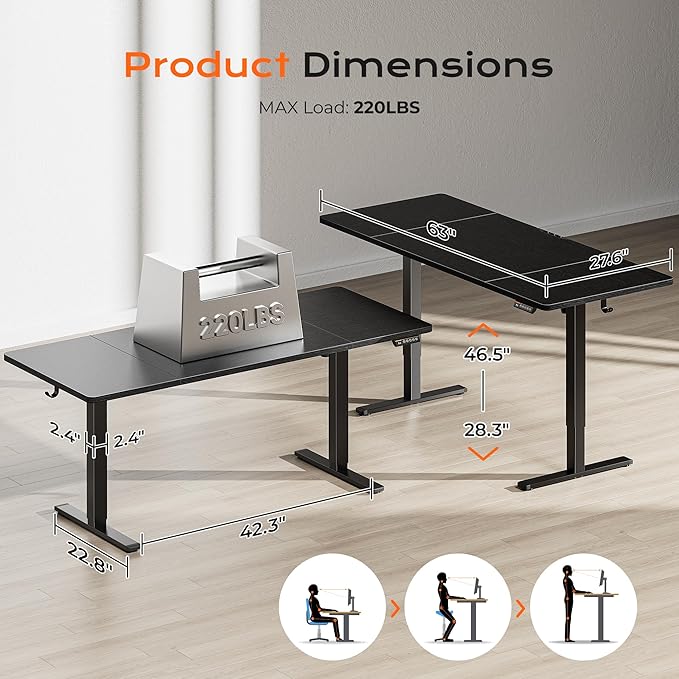 Huuger 63 x 28 Large Electric Standing Desk, Height Adjustable Computer Desk, 27.6" Deep Desktop, Stand up Gaming Office Table with 2 Hooks, 3 Preset Heights, for Home Office, Black-DeskLoop Office