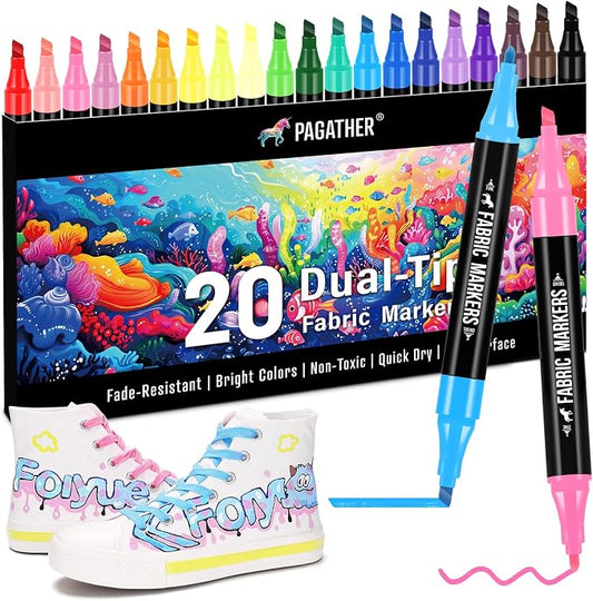 Fabric Markers Permanent for Clothes, 20 Colors Dual Tip by Pagather