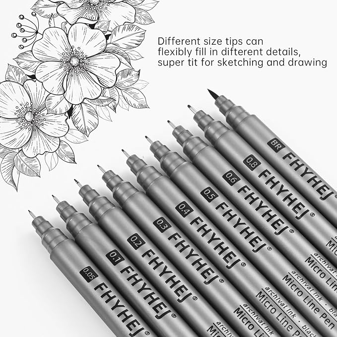 Micro Fineliner Drawing Art Pens: 9 Black Fine Line Ink Set Artist Supplies Archival Inking Markers Liner Professional Sketch Outline Anime Sketching Artist Illustration Watercolor-DeskLoop Office