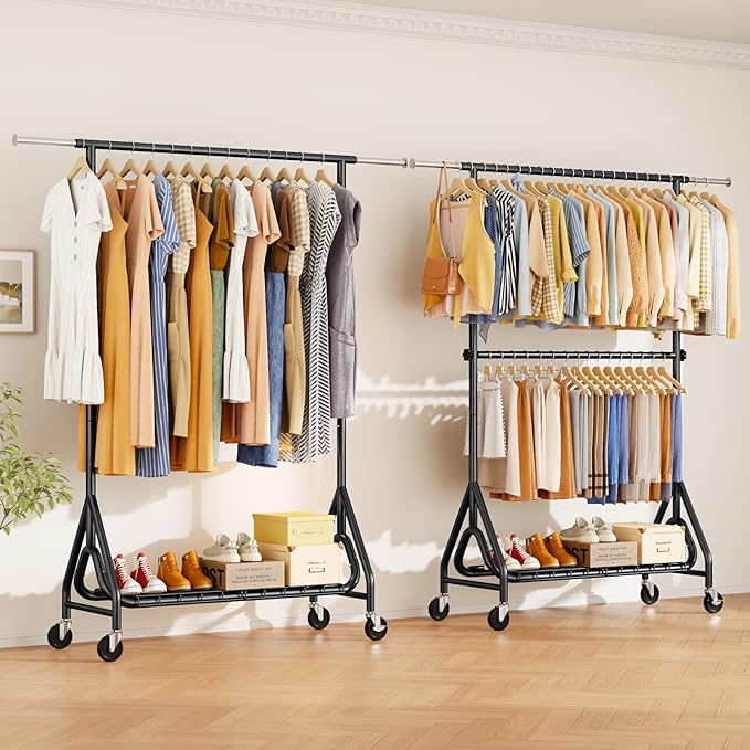 Double Rods Clothing Rack, Heavy Duty Clothes Rack for Hanging Clothes Load 560LBS, Metal Rolling Garment Racks with Wheels, Freestanding Clothes Hanging Racks, Black-DeskLoop Office