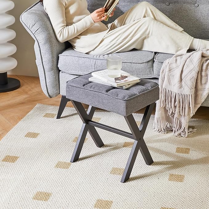 IBUYKE Square Makeup Stool with X-Leg Foot Rest, Linen Footrest, Ottoman Seat, Multi-Use as Small Side Table, for Bedroom, Living Room, Dark Gray LG-70G-DeskLoop Office