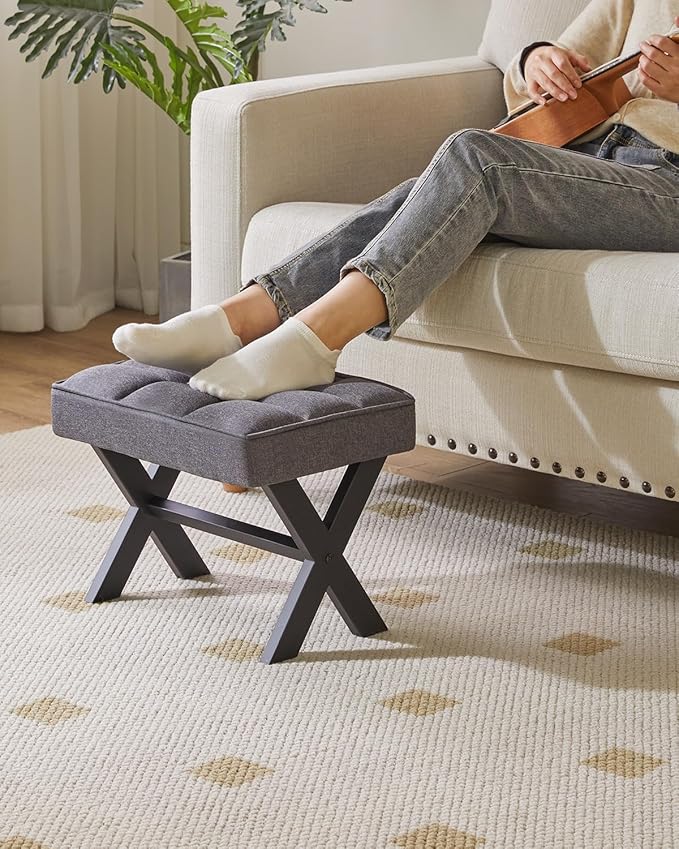 IBUYKE Small 12" H Footrest, Square Linen Foot Stool with Metal X-Leg, Multi-Use as Small Side Table, Step Stool for Living Room, Bedroom, Entryway, Office, Dark Gray WBD011G-DeskLoop Office