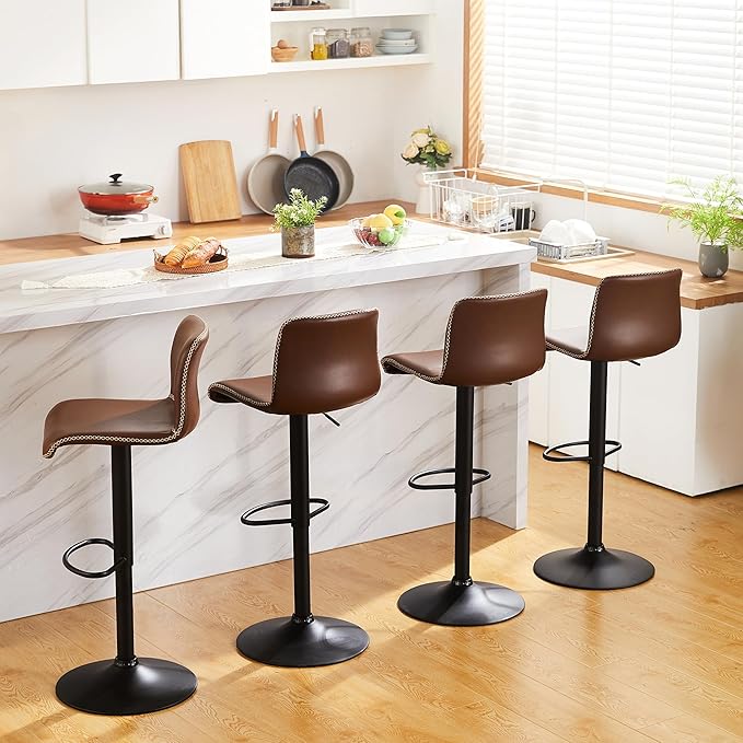 HeuGah Bar Stools Set of 3, Swivel Counter Height Barstools with Back, Adjustable Height 24" to 32", Brown Faux Leather Bar Chairs for Kitchen Island (Brown, Set of 3 (24'' to 32''))-DeskLoop Office