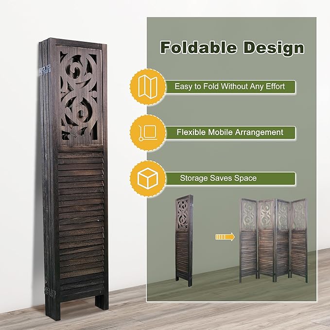 NicBex 4 Panel Room Divider,5.6FT Wood Carved Room Dividers,Folding Privacy Screens Portable Freestanding Partition Wall Dividers for Room Separation,Home Bedroom Office,Rustic Brown-DeskLoop Office