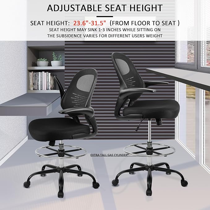 HYLONE Drafting Chair Tall Office Chair with Flip-Up Armrests Ergonomic Computer Chair with Lumbar Support Adjustable Footrest Ring Mesh Standing Desk Chair (Black)-DeskLoop Office