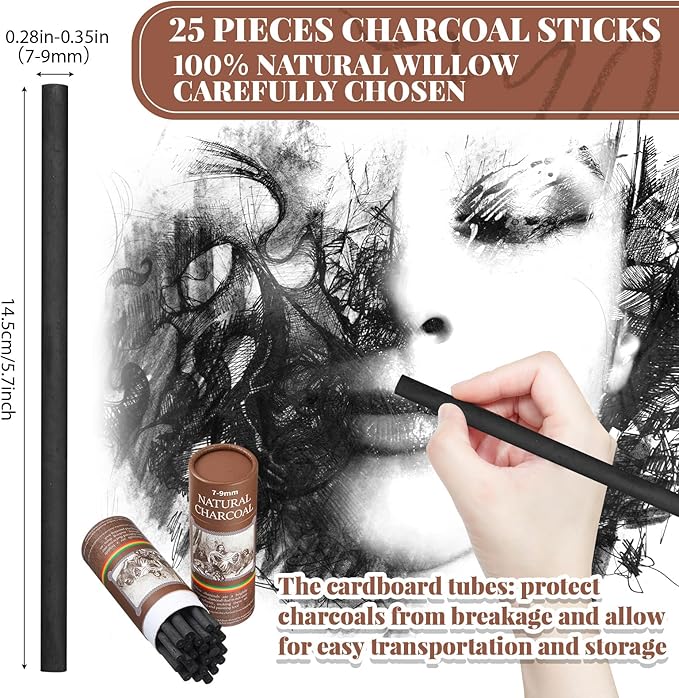 Gueevin 25 Pcs Willow Charcoal Sticks, Willow Charcoal, Artists, Beginners, Students, Perfect for Sketching, Drawing, Shading, and Fine Art (7-9mm)-DeskLoop Office
