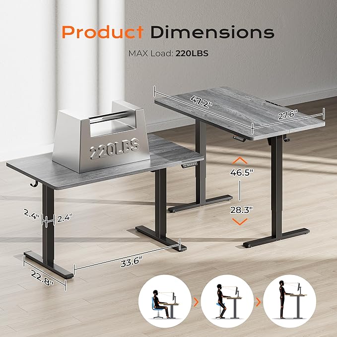 Huuger 48 x 28 Large Electric Standing Desk, Height Adjustable Desk, 27.6" Deep Desktop, Stand up Gaming, 2 Hooks, 3 Preset Heights, for Home Office, Grey-DeskLoop Office