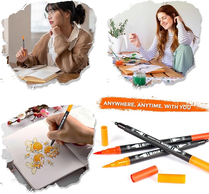 ZSCM Orange Duo Tip Marker Pens, 12 Pack Fine & Brush Markers - Image 7