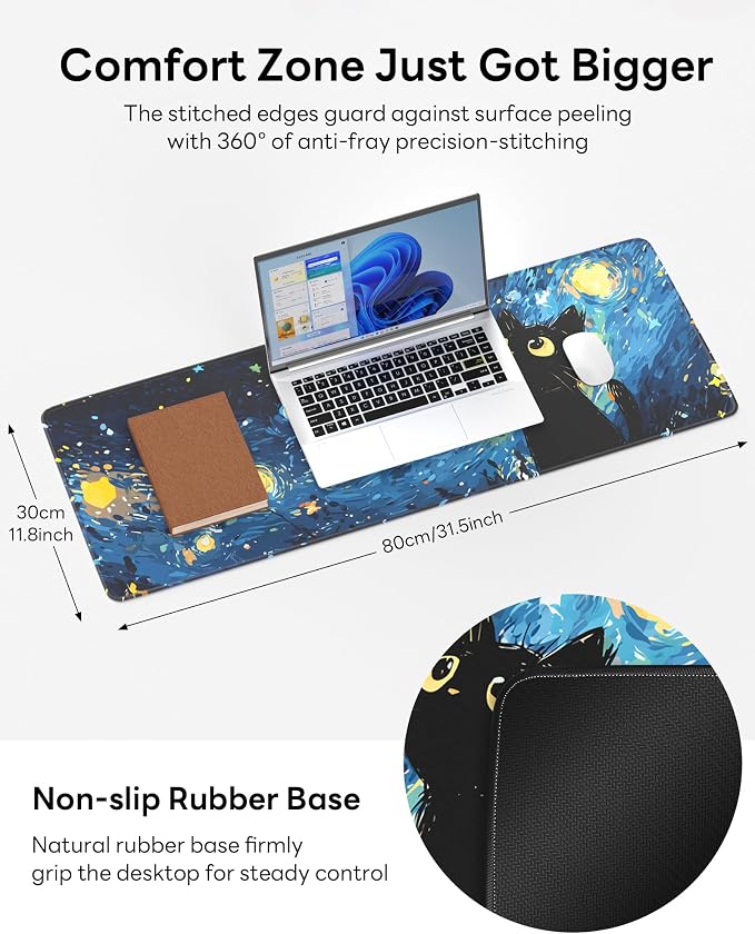Starry Night Cat Mouse Pad, 31.5 x 11.8 Large Desk Mat - Image 4