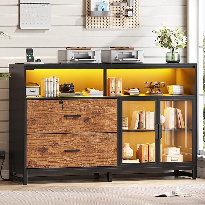 SEDETA 59" File Cabinet, 2 Drawers Filing Cabinets for Home Office fit Legal/Letter/A4 File, File Cabinet with Lock & Power Outlets, Printer Stand with Storage & LED Lights, Rustic Brown-DeskLoop Office