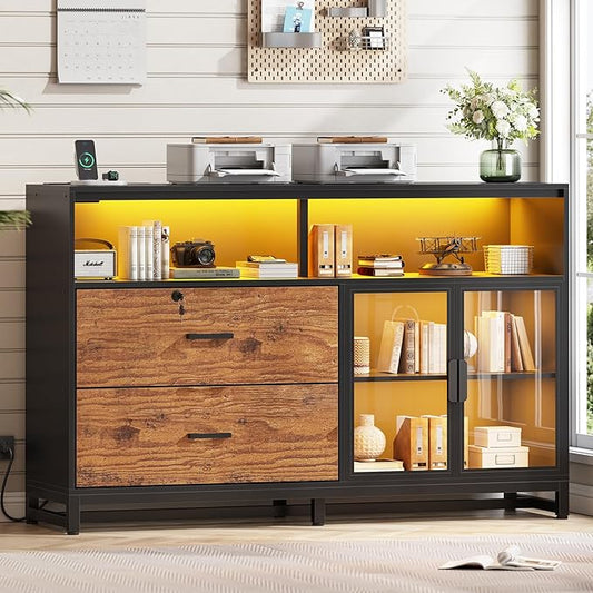 SEDETA 59" File Cabinet, 2 Drawers Filing Cabinets for Home Office fit Legal/Letter/A4 File, File Cabinet with Lock & Power Outlets, Printer Stand with Storage & LED Lights, Rustic Brown-DeskLoop Office