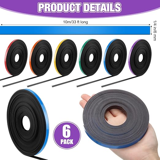 6 Rolls Mix Color Magnetic Tape Roll Thin Strips, 1/4 Inch x 33 ft Magnetic - Image 2