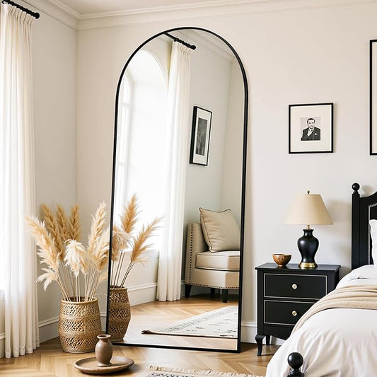 Full Length Mirror, 71"x28" Oversized Floor Mirror Freestanding, Full Body Mirror Floor Standing Mirrors with Stand, Hanging Mounted Mirrors for Bedroom Living Room, Black, Arched Style-DeskLoop Office
